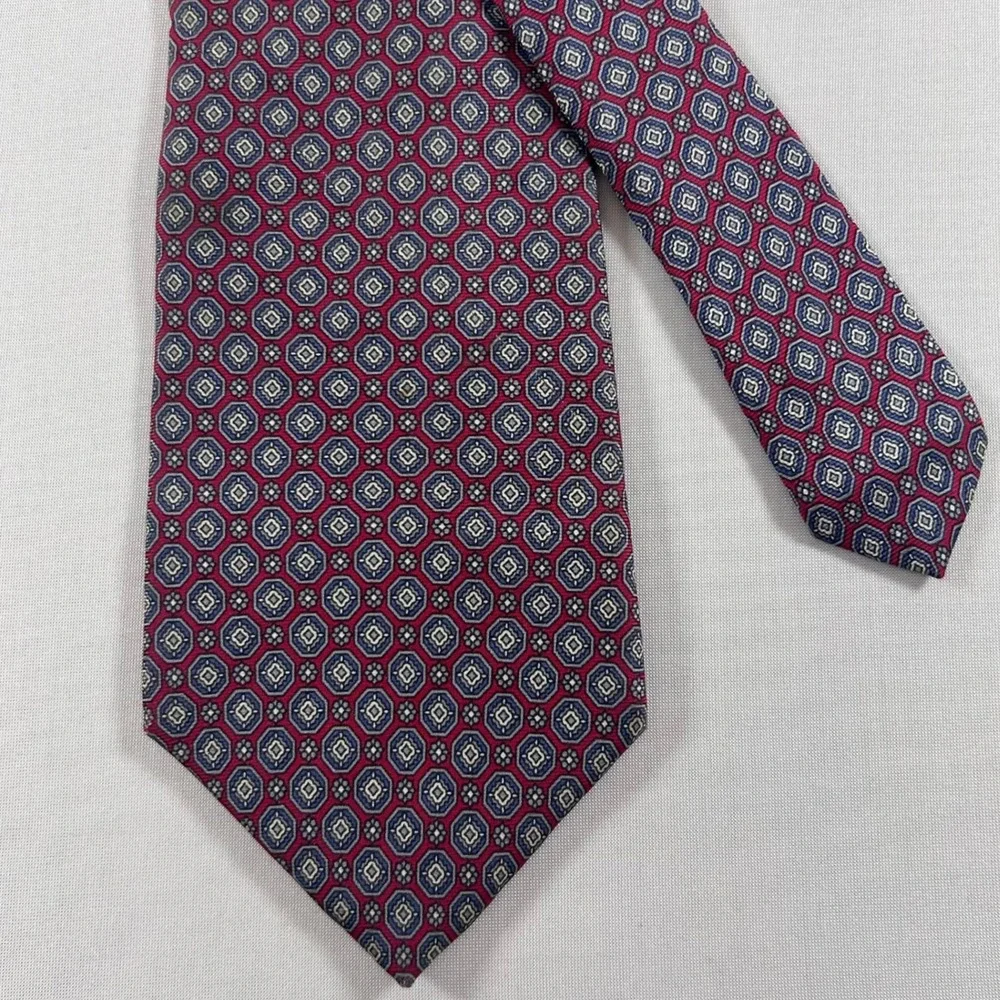 Christian Dior Necktie Men Red Blue Geometric Medallion 100% Silk Italian Fabric